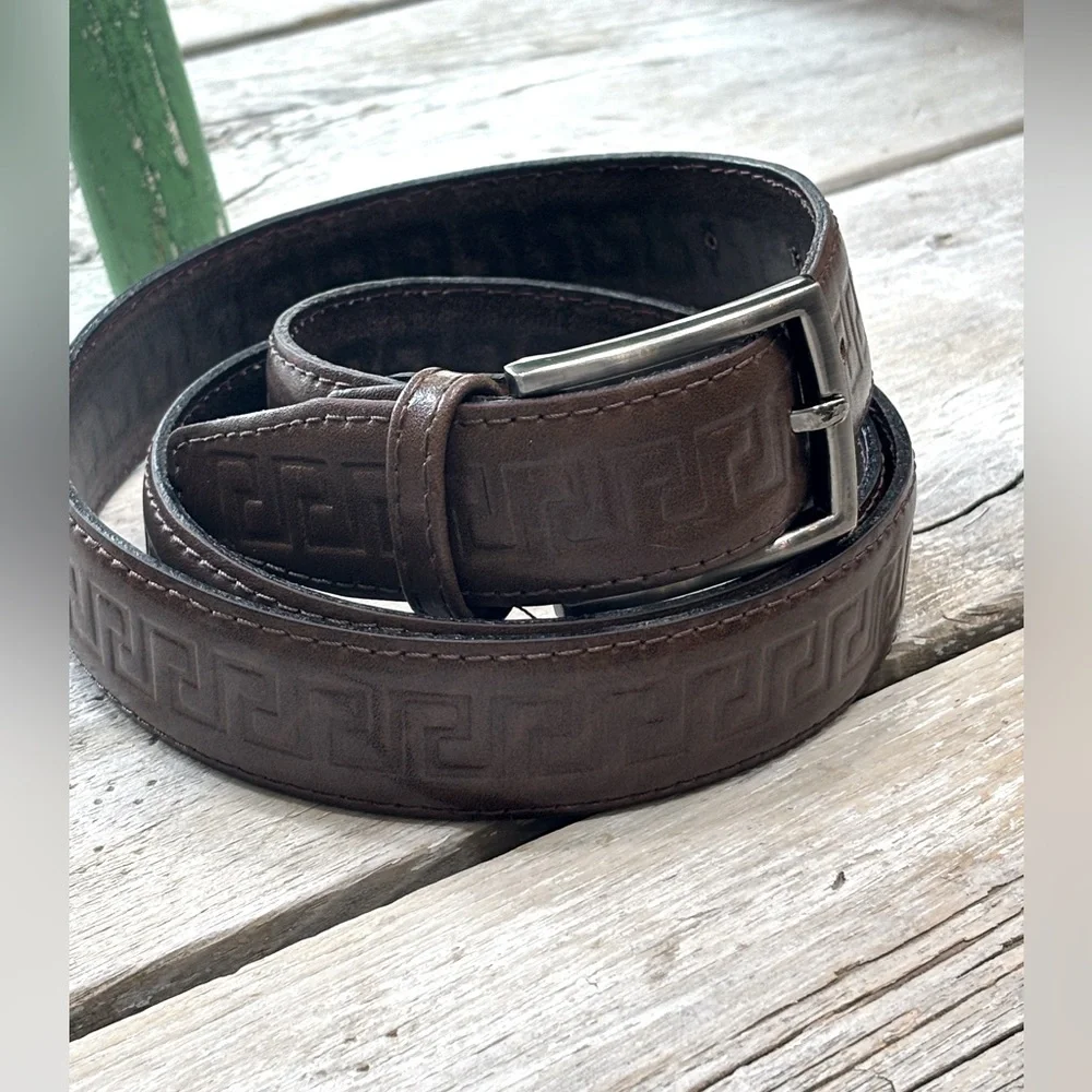 Meander Leather Embossed Belt. Textured Pattern | Medium Brown | Men’s 45.5”L